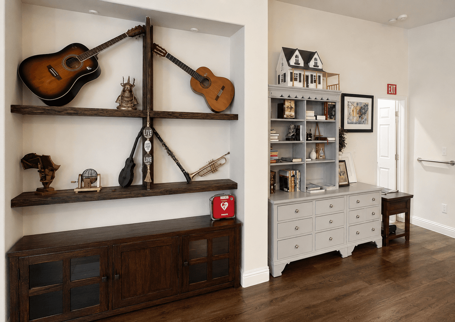 Display shelving with musical instruments and keepsakes at Joy in Caring II