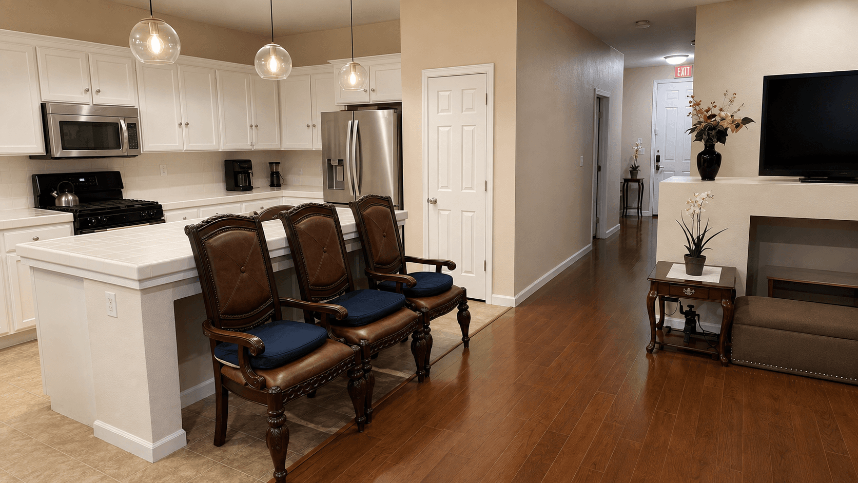 Kitchen at Joy in Caring with a central island and seating