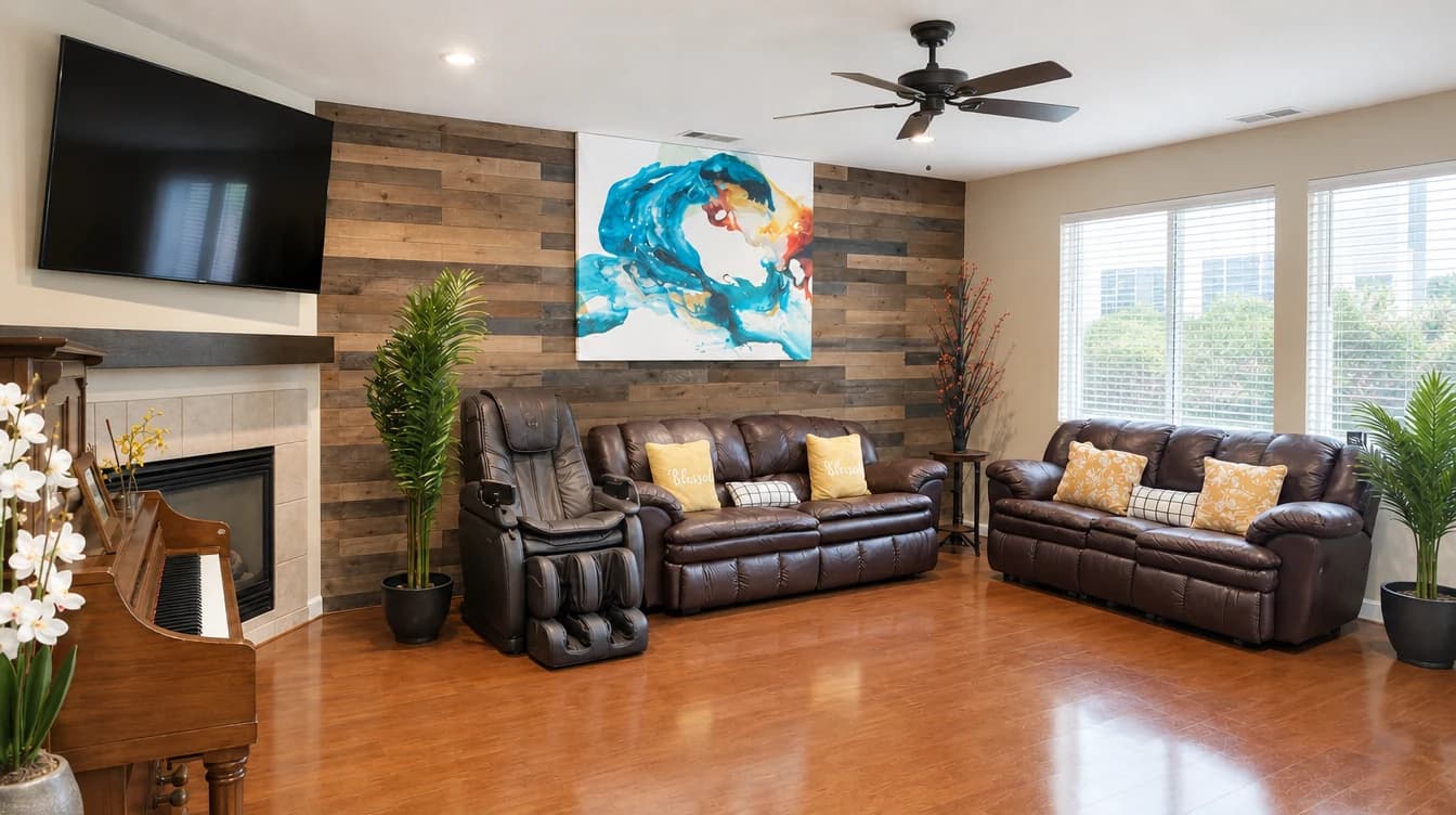 Living room at Joy in Caring with two reclining leather sofas, a fireplace and mounted TV