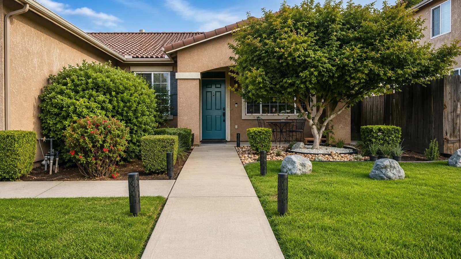 Exterior of the Joy in Caring I home on Keats Avenue in Clovis, with a covered front walkway and landscaped yard